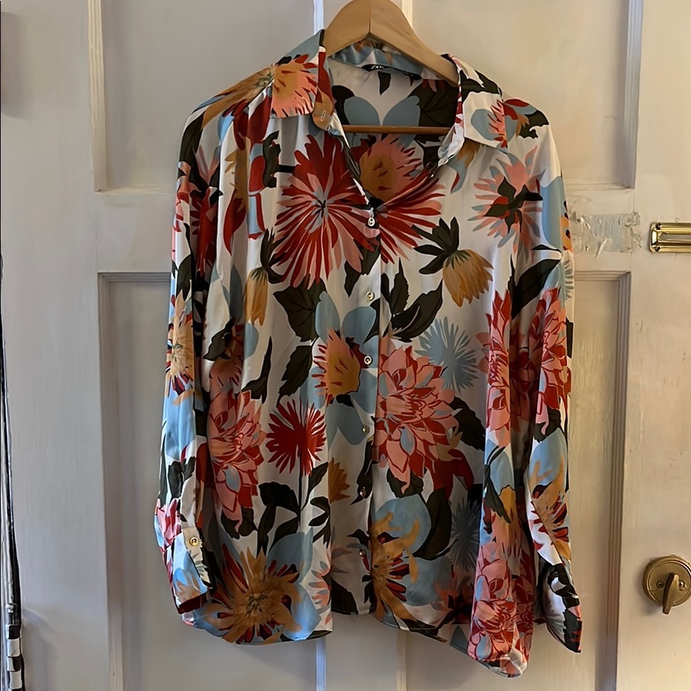 Zara Orange Brown Long Sleeve Button Down Shirt